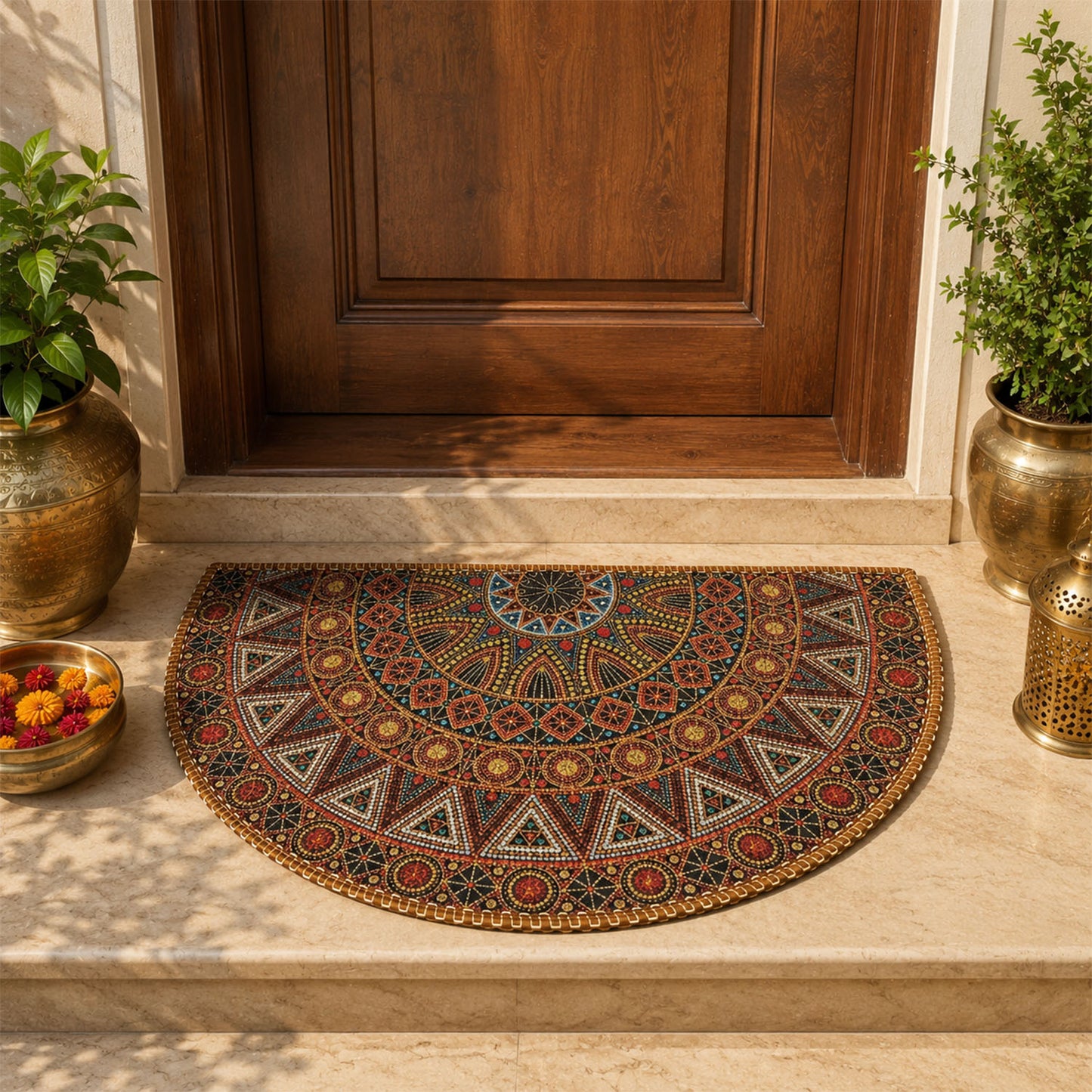 Avioni Home Semi Round Tribal Rangoli Floor Mat | Bohemian Mandala Design | Anti-Slip, Washable & Durable | Indoor & Outdoor Entrance Door Mat