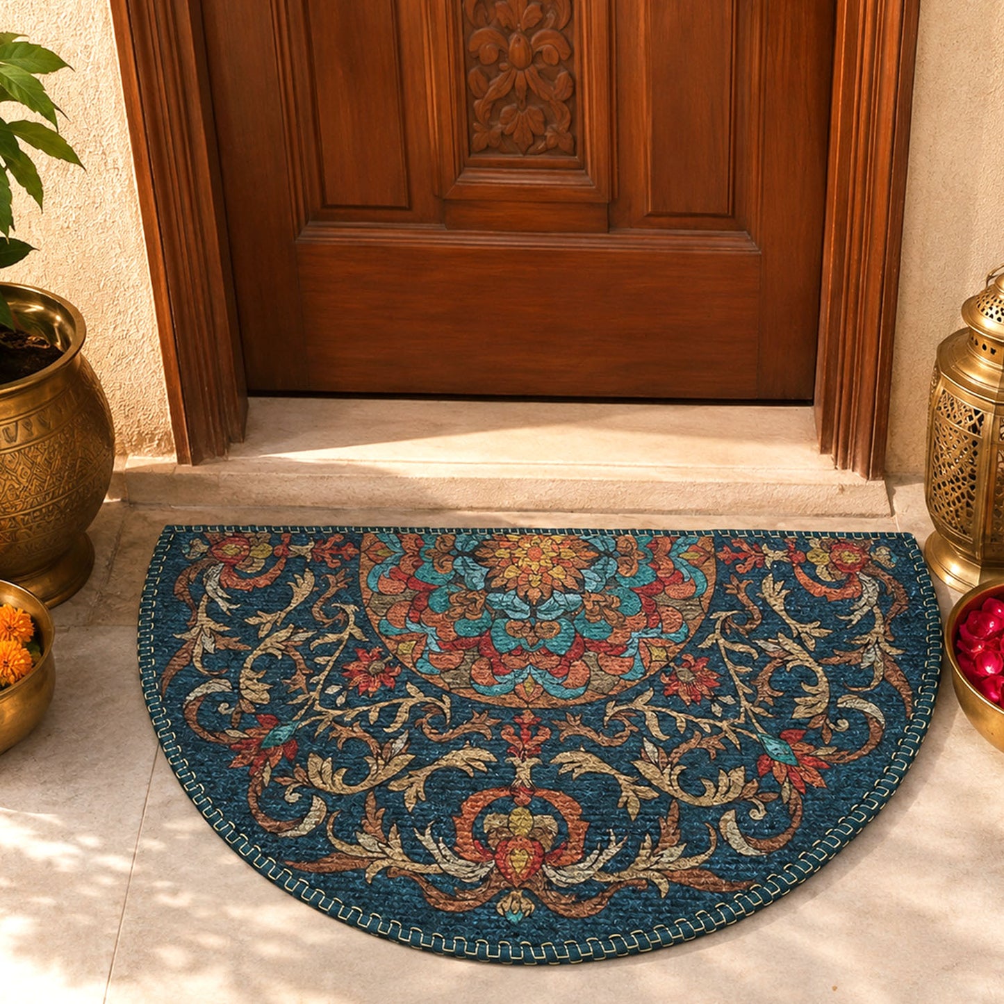 Avioni Home Semi Round Floral Rangoli Floor Mat | Vintage Persian Inspired Design | Anti-Slip, Washable & Durable | Indoor & Outdoor Entrance Door Mat