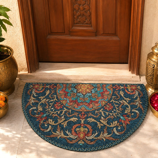 Avioni Home Semi Round Floral Rangoli Floor Mat | Vintage Persian Inspired Design | Anti-Slip, Washable & Durable | Indoor & Outdoor Entrance Door Mat