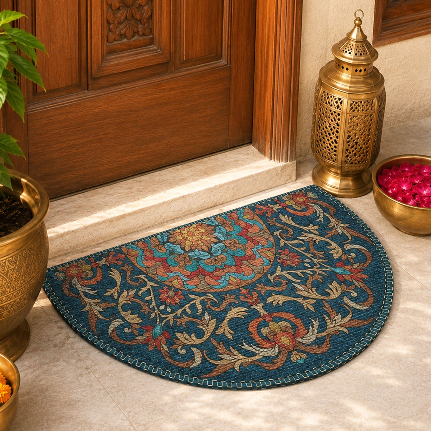 Avioni Home Semi Round Floral Rangoli Floor Mat | Vintage Persian Inspired Design | Anti-Slip, Washable & Durable | Indoor & Outdoor Entrance Door Mat