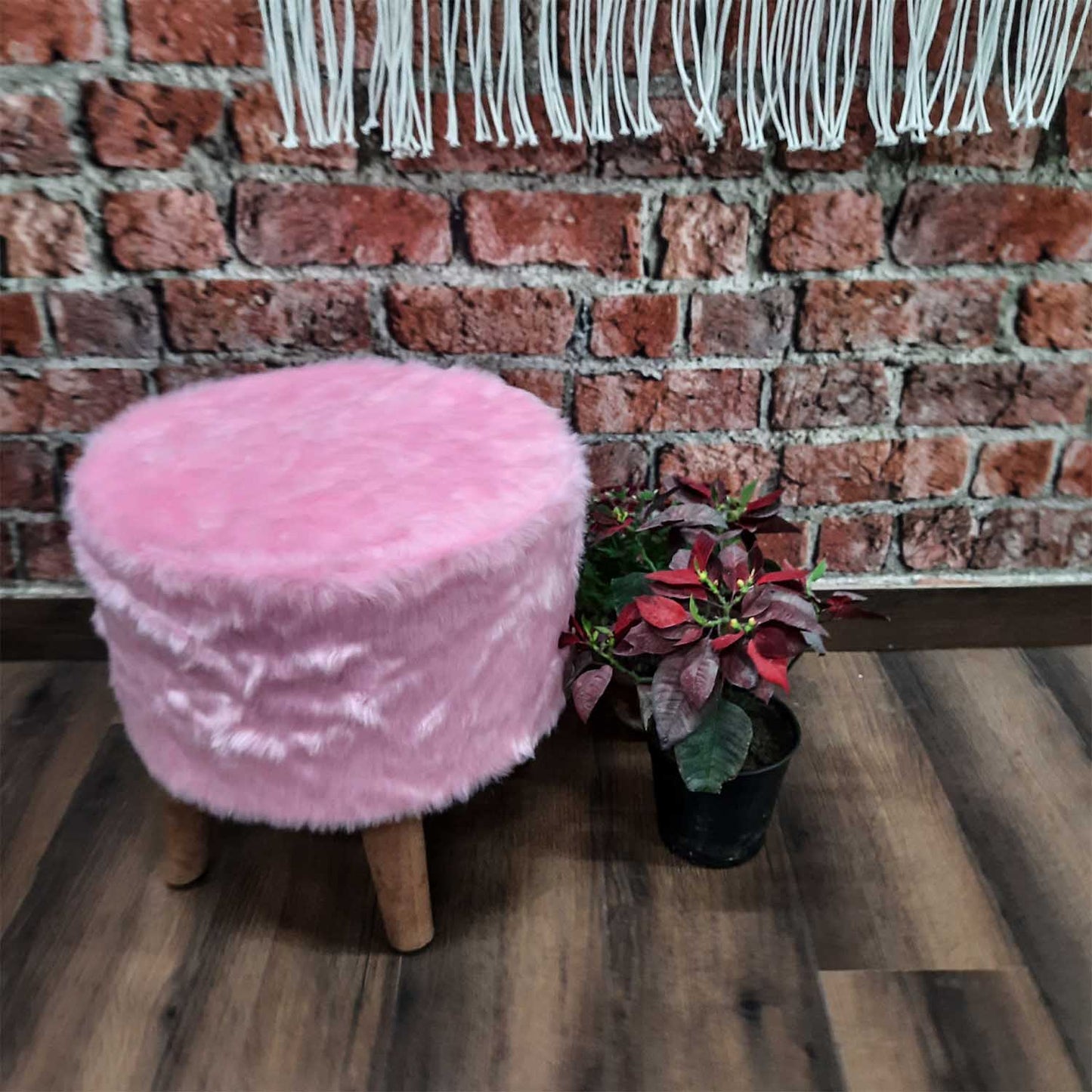 BIGMO Luxury Long Pink Fur Stool/ Ottoman (4 Legs for added stability-Natural Finish )