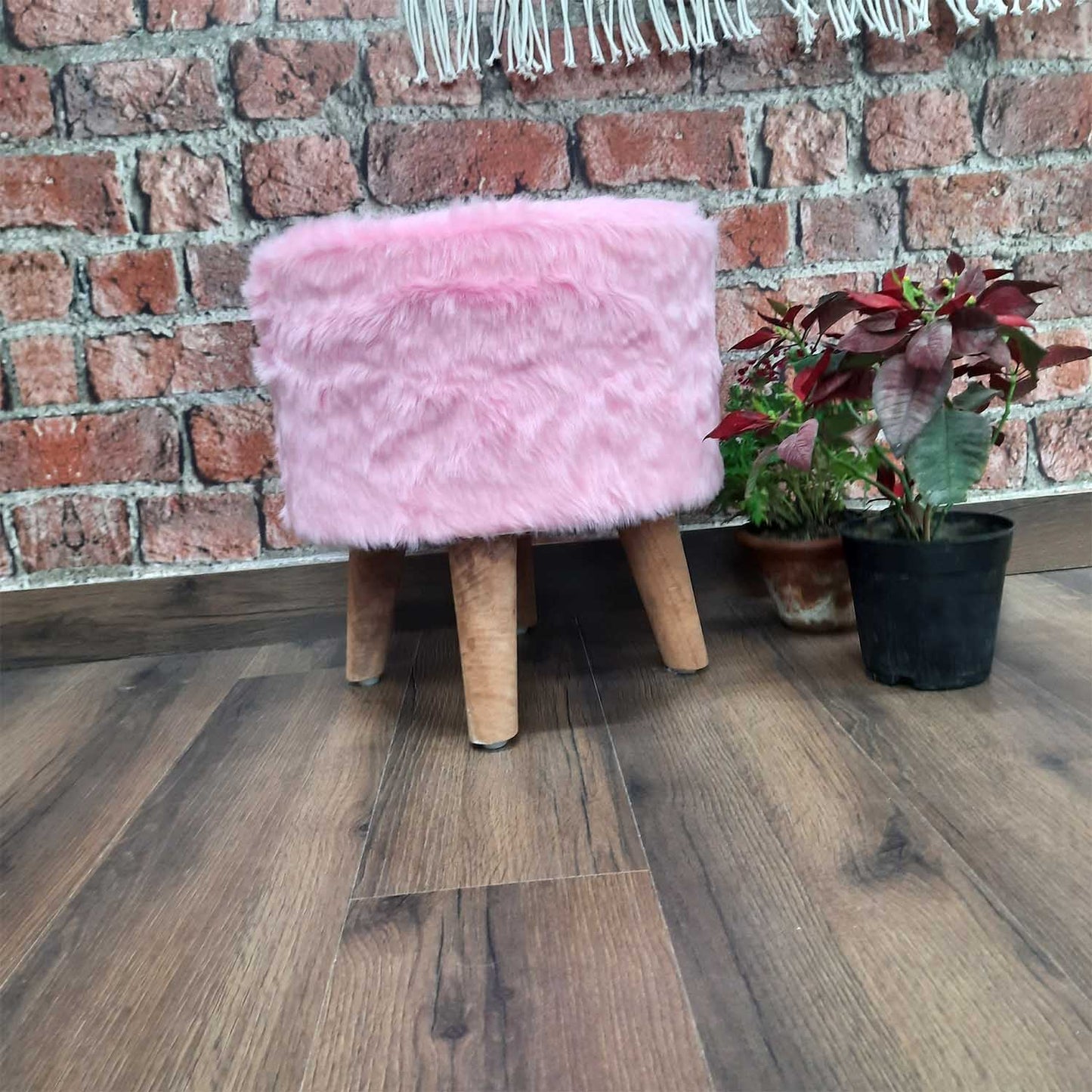 BIGMO Luxury Long Pink Fur Stool/ Ottoman (4 Legs for added stability-Natural Finish )