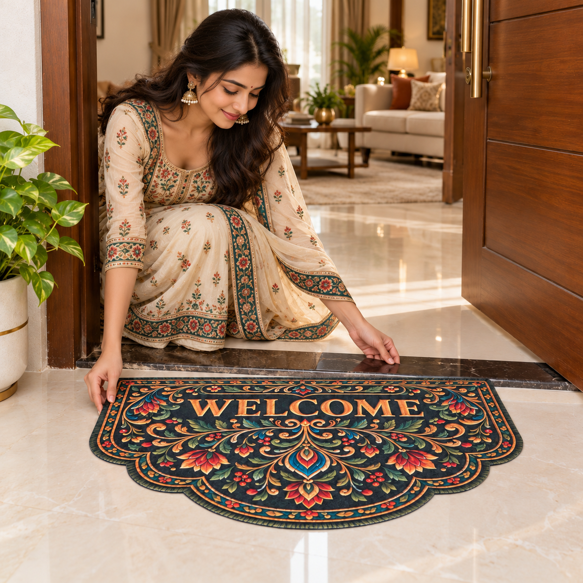 Avioni Home "Elitaire Welcome Collection" Floormat | Royal Ornamental  Floral Welcome Door Mat | Set of 2 or 3 | High Wear Resistance, 4mm Profile for Easy Door Clearance & High-Grip Silicone Anti-Slip Backing | 45 × 75 cm
