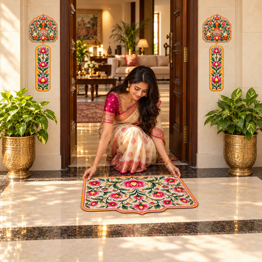 Avioni Home Aangan Royale Collection | Premium Traditional Indian Floral Floor Mat with 4 Matching Peel & Stick Décor Stickers | High Wear Resistance & Silicone Anti-Slip Backing
