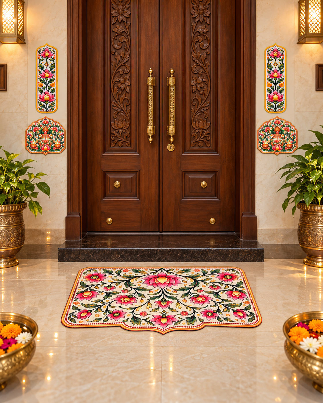 Avioni Home Aangan Royale Collection | Premium Traditional Indian Floral Floor Mat with 4 Matching Peel & Stick Décor Stickers | High Wear Resistance & Silicone Anti-Slip Backing