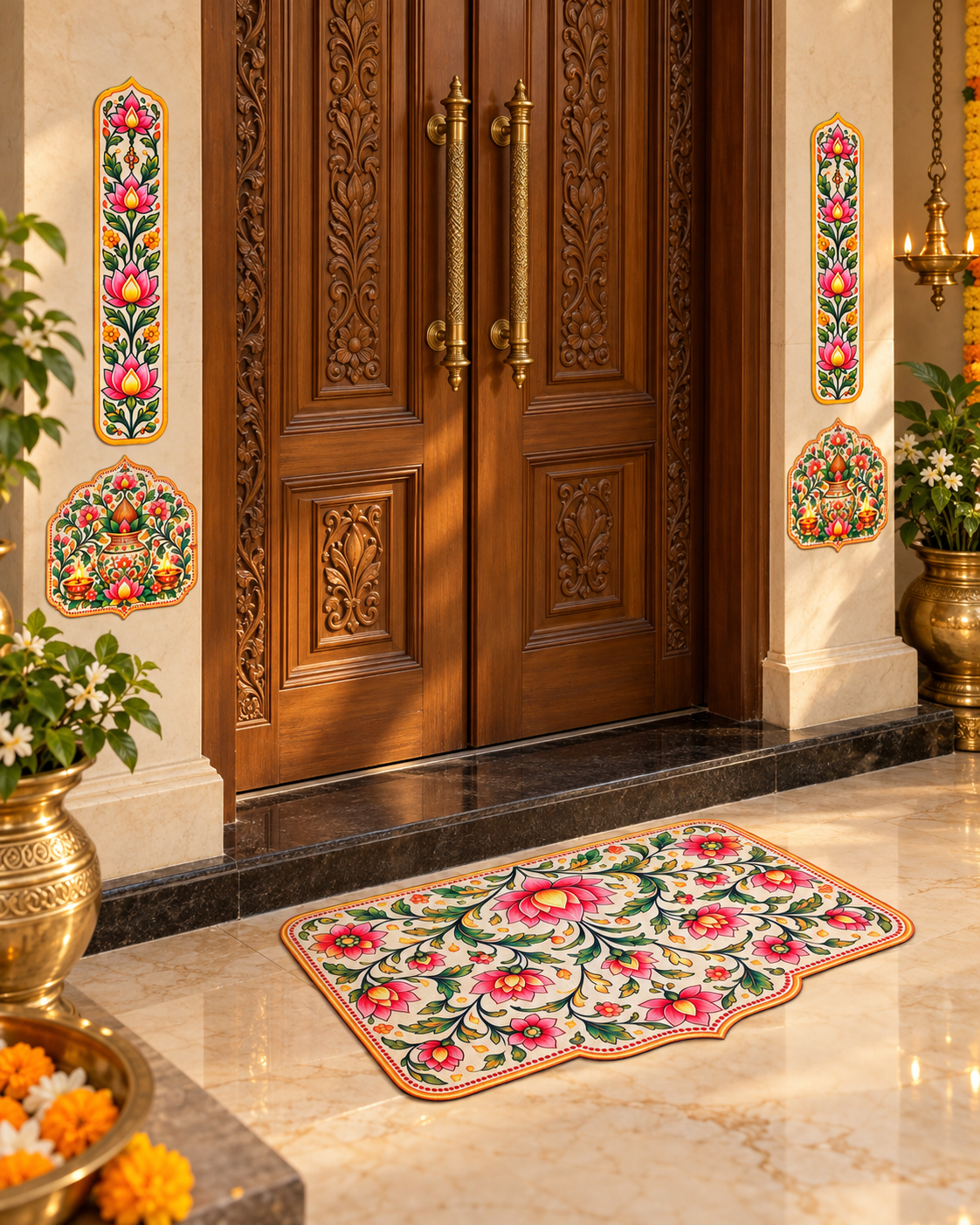 Avioni Home Aangan Royale Collection | Premium Traditional Indian Floral Floor Mat with 4 Matching Peel & Stick Décor Stickers | High Wear Resistance & Silicone Anti-Slip Backing