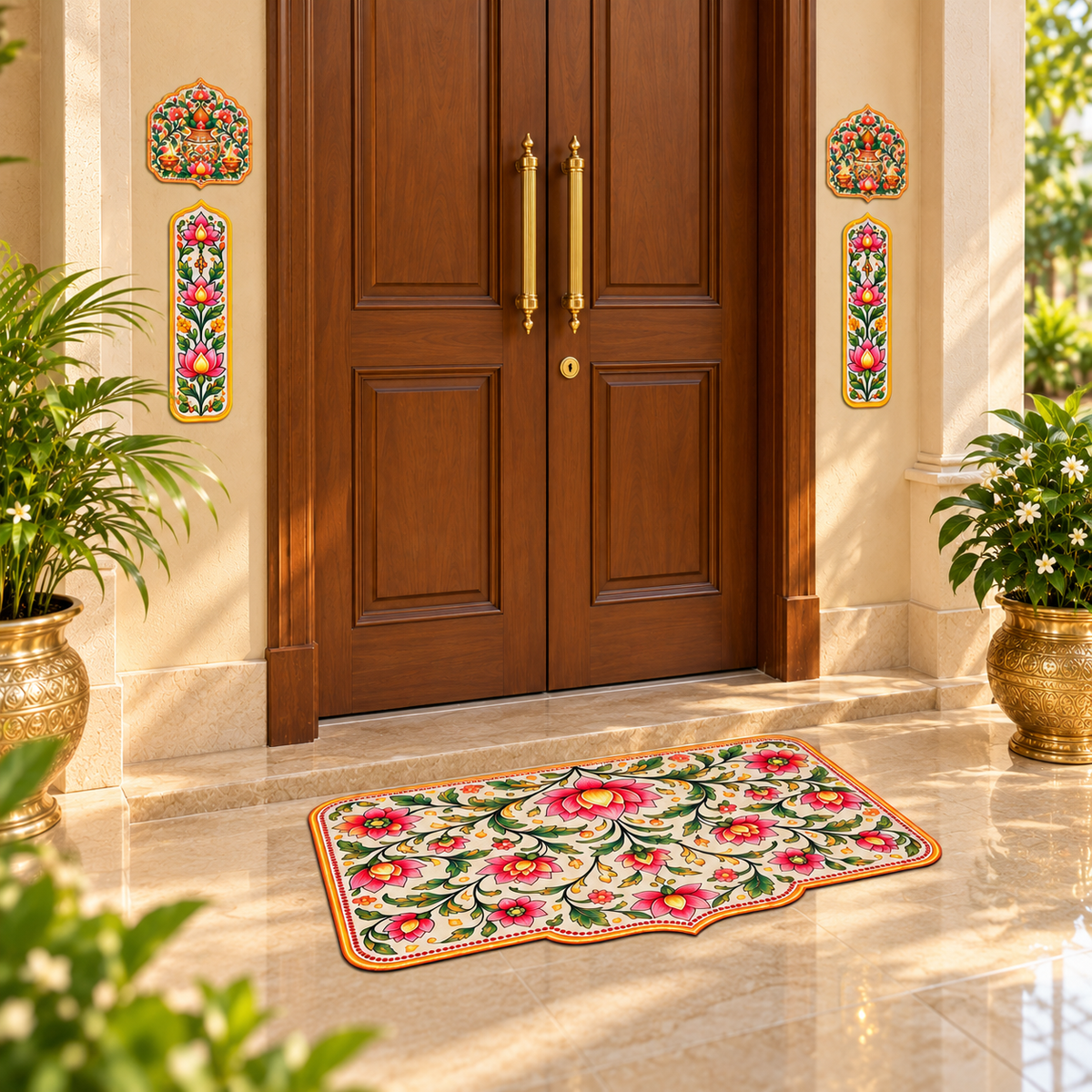 Avioni Home Aangan Royale Collection | Premium Traditional Indian Floral Floor Mat with 4 Matching Peel & Stick Décor Stickers | High Wear Resistance & Silicone Anti-Slip Backing