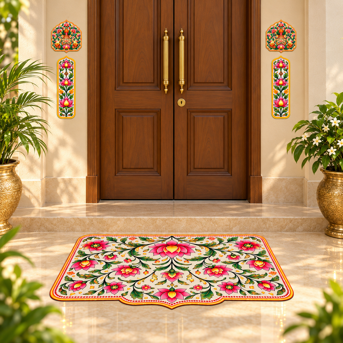 Avioni Home Aangan Royale Collection | Premium Traditional Indian Floral Floor Mat with 4 Matching Peel & Stick Décor Stickers | High Wear Resistance & Silicone Anti-Slip Backing