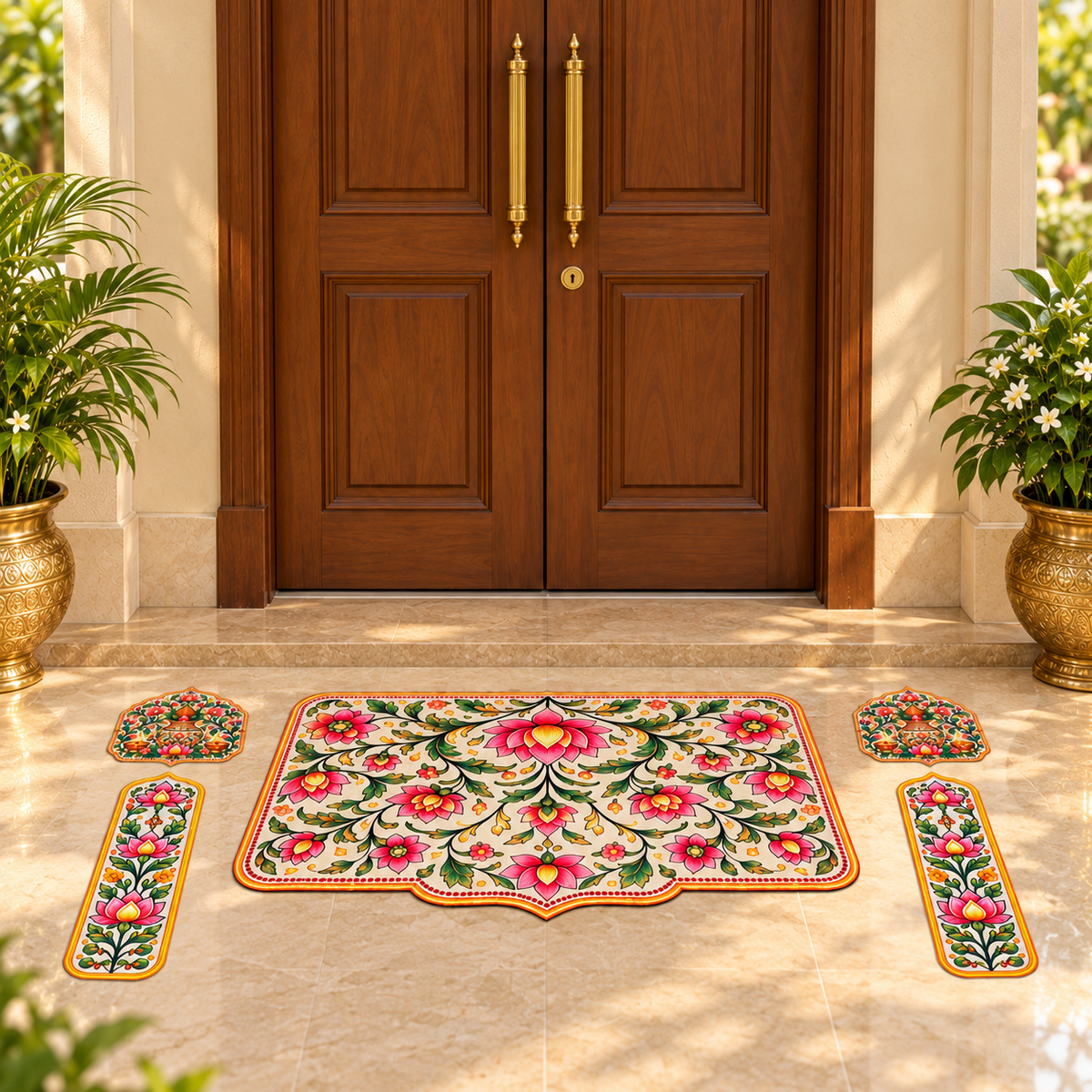 Avioni Home Aangan Royale Collection | Premium Traditional Indian Floral Floor Mat with 4 Matching Peel & Stick Décor Stickers | High Wear Resistance & Silicone Anti-Slip Backing