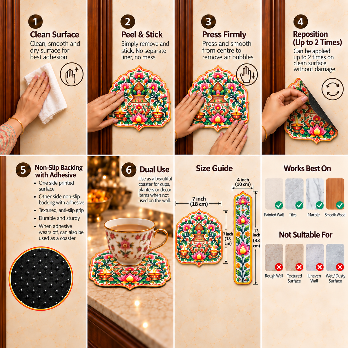 Avioni Home Aangan Royale Collection | Premium Traditional Indian Floral Floor Mat with 4 Matching Peel & Stick Décor Stickers | High Wear Resistance & Silicone Anti-Slip Backing