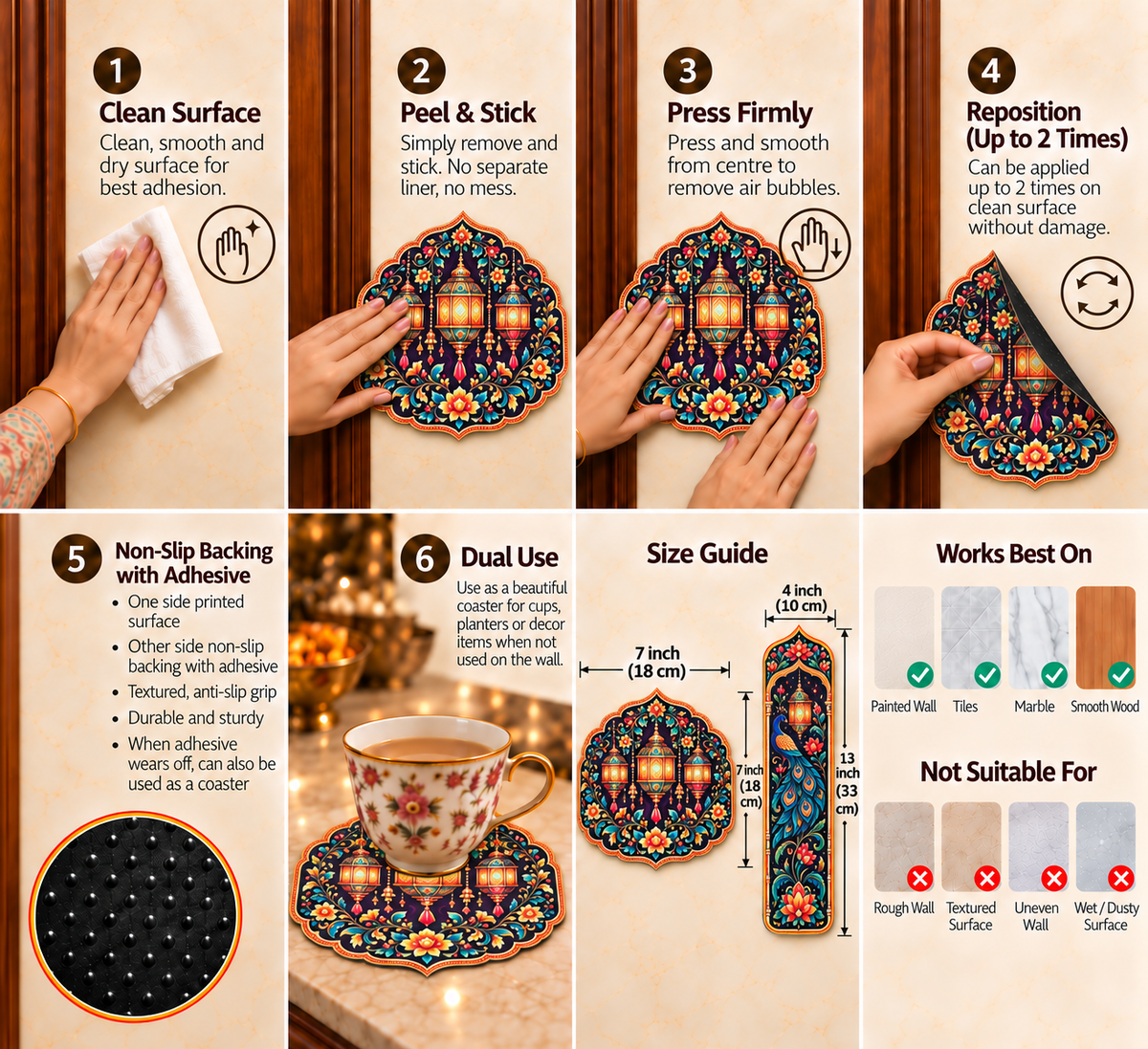 Avioni Home Aangan Royale Collection | Premium Royal Lantern & Floral Arch Floor Mat with 4 Matching Peacock & Lantern Peel & Stick Décor Stickers | High Wear Resistance & Silicone Anti-Slip Backing