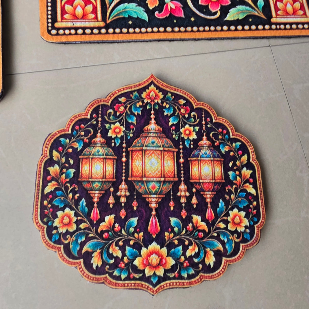 Avioni Home Aangan Royale Collection | Premium Royal Lantern & Floral Arch Floor Mat with 4 Matching Peacock & Lantern Peel & Stick Décor Stickers | High Wear Resistance & Silicone Anti-Slip Backing