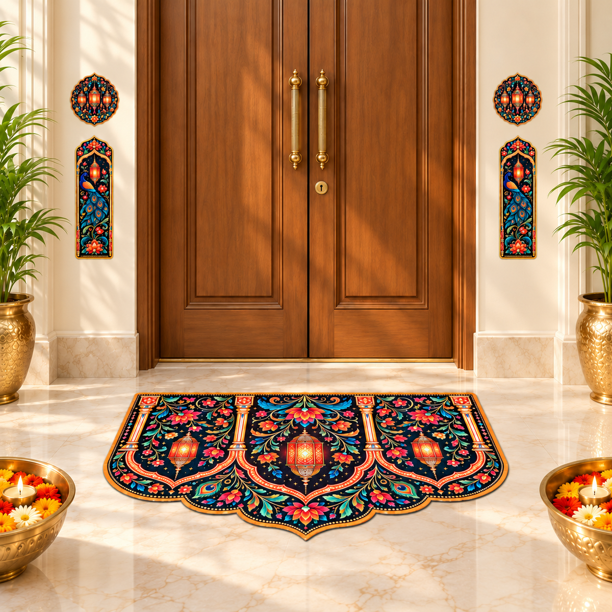 Avioni Home Aangan Royale Collection | Premium Royal Lantern & Floral Arch Floor Mat with 4 Matching Peacock & Lantern Peel & Stick Décor Stickers | High Wear Resistance & Silicone Anti-Slip Backing