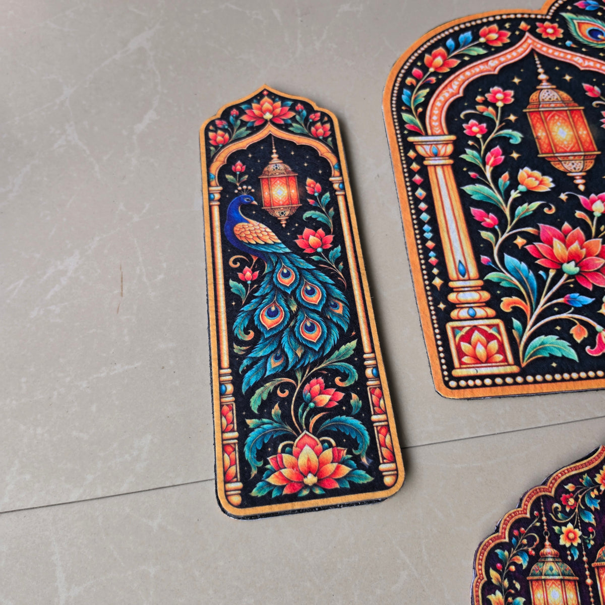 Avioni Home Aangan Royale Collection | Premium Royal Lantern & Floral Arch Floor Mat with 4 Matching Peacock & Lantern Peel & Stick Décor Stickers | High Wear Resistance & Silicone Anti-Slip Backing