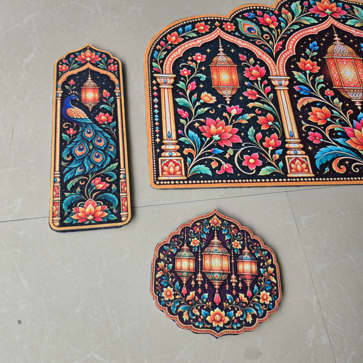 Avioni Home Aangan Royale Collection | Premium Royal Lantern & Floral Arch Floor Mat with 4 Matching Peacock & Lantern Peel & Stick Décor Stickers | High Wear Resistance & Silicone Anti-Slip Backing