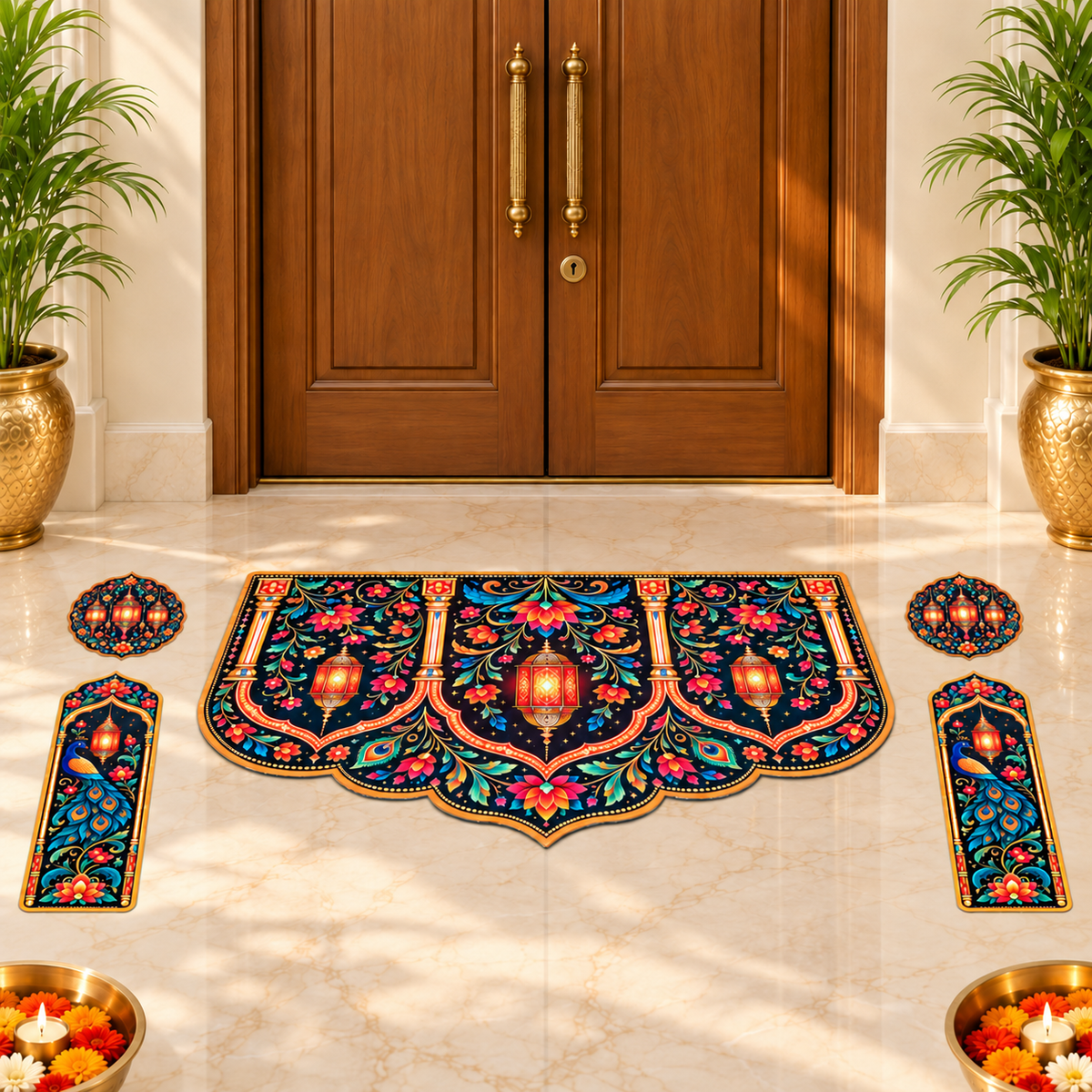 Avioni Home Aangan Royale Collection | Premium Royal Lantern & Floral Arch Floor Mat with 4 Matching Peacock & Lantern Peel & Stick Décor Stickers | High Wear Resistance & Silicone Anti-Slip Backing