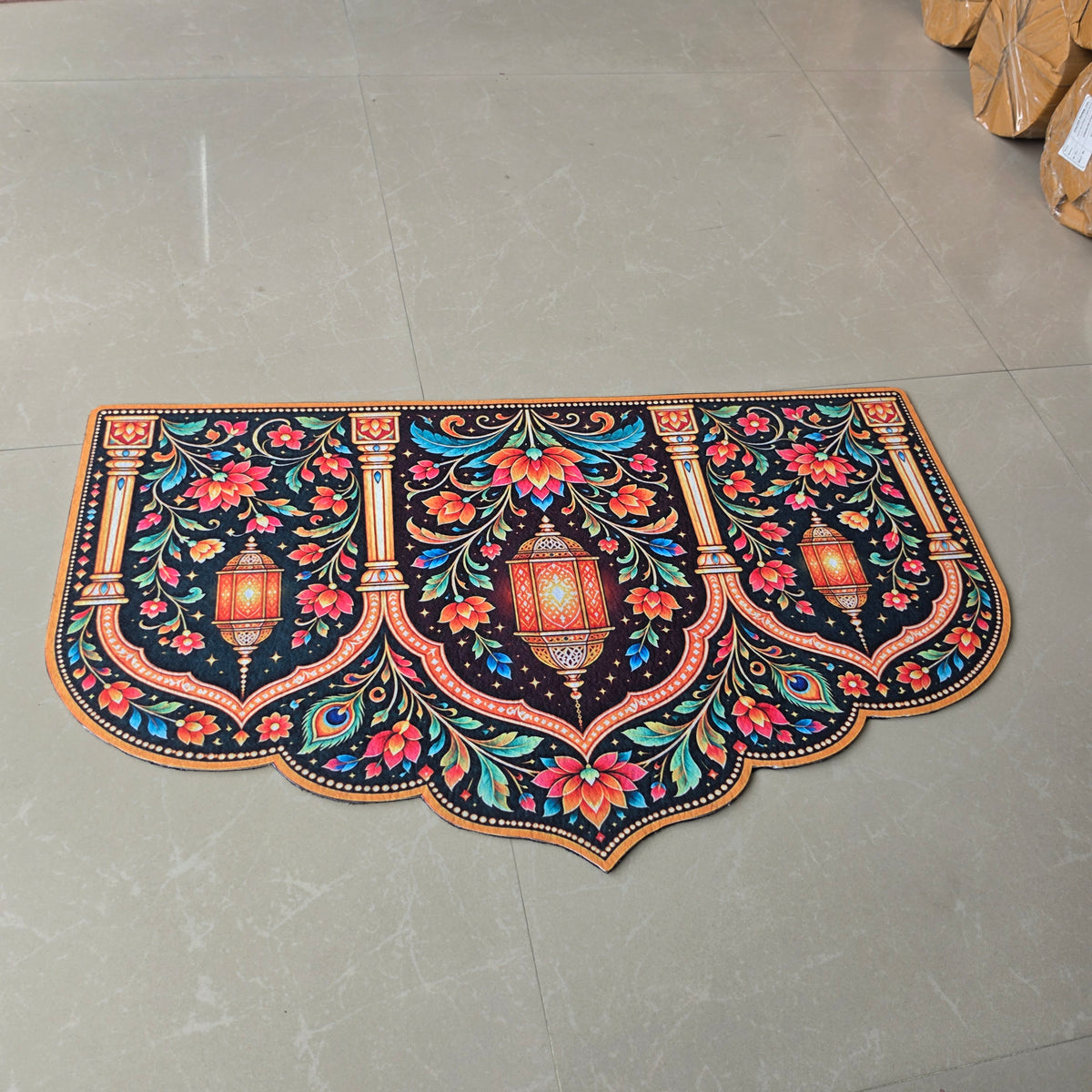 Avioni Home Aangan Royale Collection | Premium Royal Lantern & Floral Arch Floor Mat with 4 Matching Peacock & Lantern Peel & Stick Décor Stickers | High Wear Resistance & Silicone Anti-Slip Backing