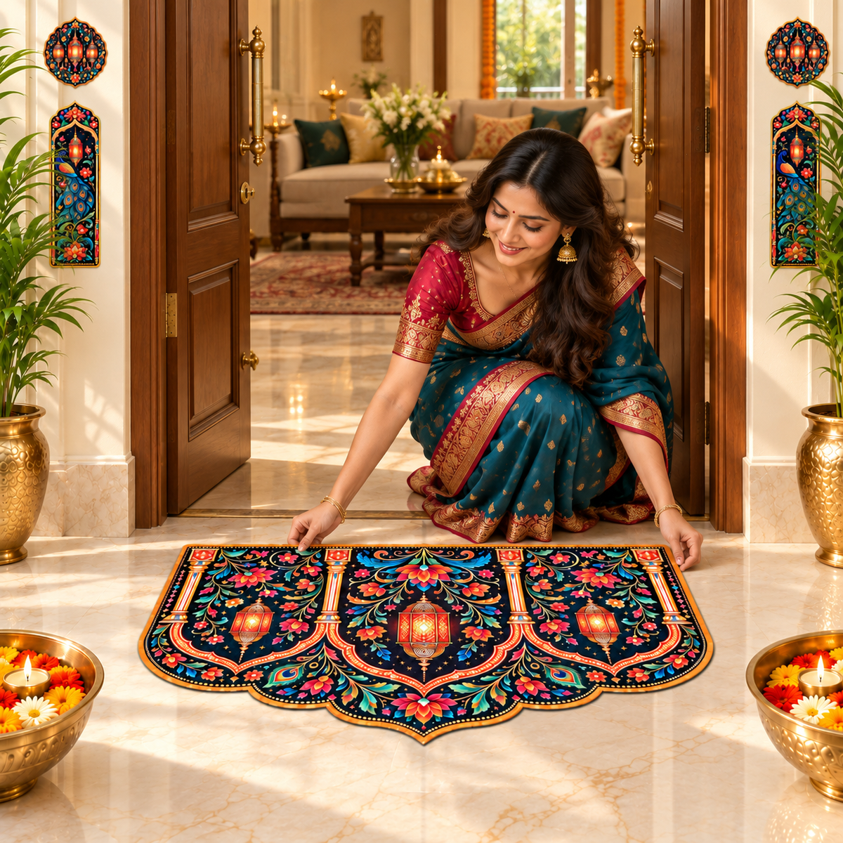 Avioni Home Aangan Royale Collection | Premium Royal Lantern & Floral Arch Floor Mat with 4 Matching Peacock & Lantern Peel & Stick Décor Stickers | High Wear Resistance & Silicone Anti-Slip Backing