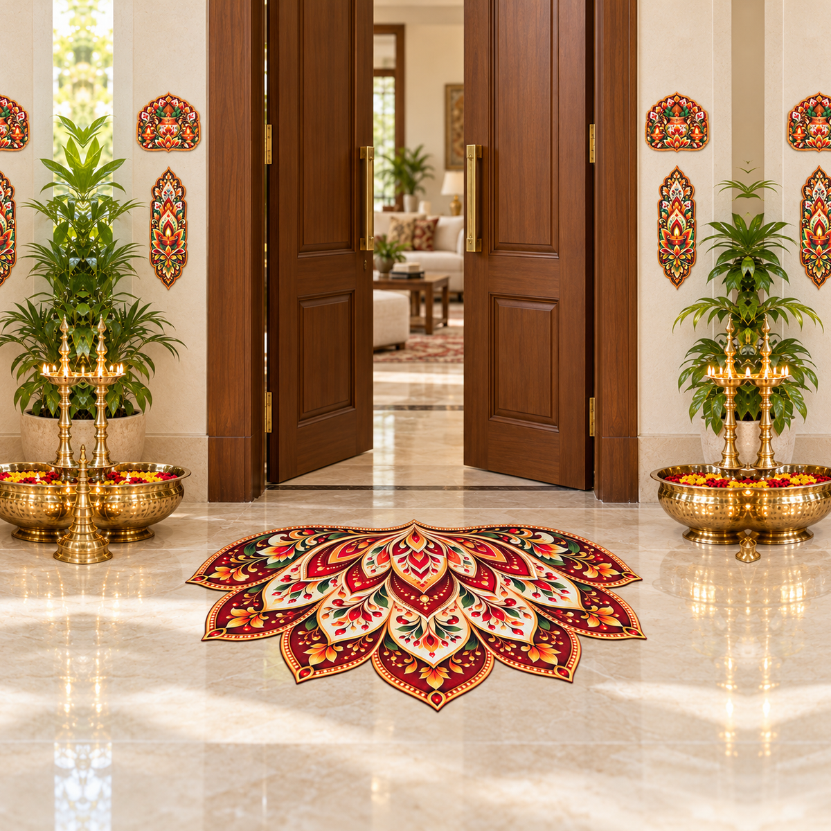 Avioni Home Aangan Royale Collection | Premium Royal Petal Floral Floor Mat with 4 Matching Kalash & Floral Peel & Stick Décor Stickers | High Wear Resistance & Silicone Anti-Slip Backing