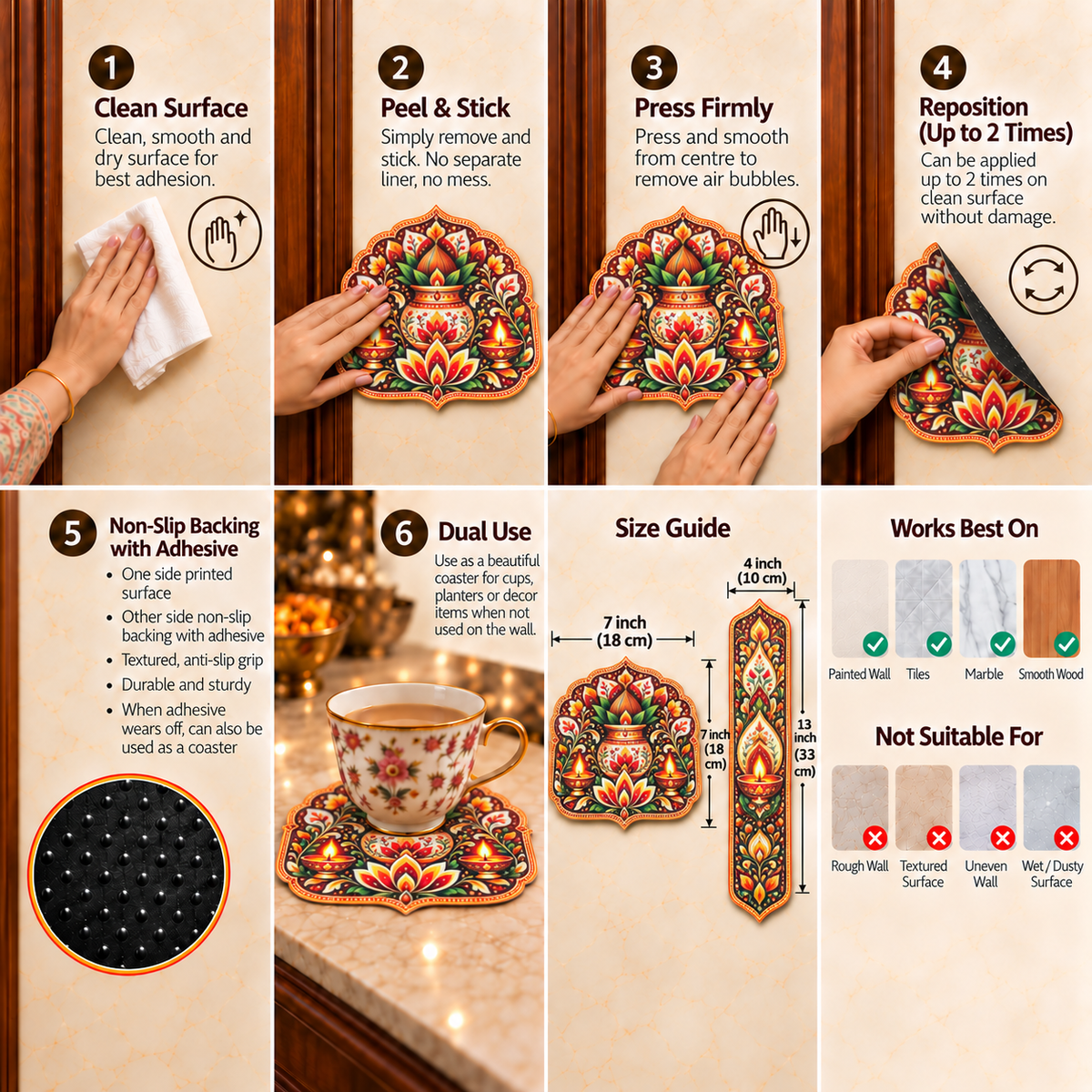Avioni Home Aangan Royale Collection | Premium Royal Petal Floral Floor Mat with 4 Matching Kalash & Floral Peel & Stick Décor Stickers | High Wear Resistance & Silicone Anti-Slip Backing