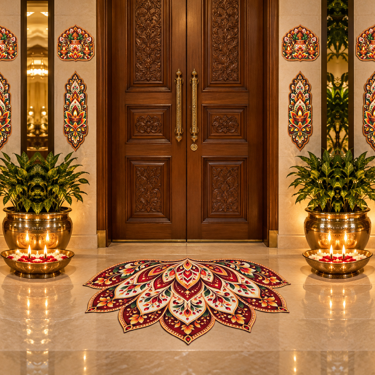 Avioni Home Aangan Royale Collection | Premium Royal Petal Floral Floor Mat with 4 Matching Kalash & Floral Peel & Stick Décor Stickers | High Wear Resistance & Silicone Anti-Slip Backing