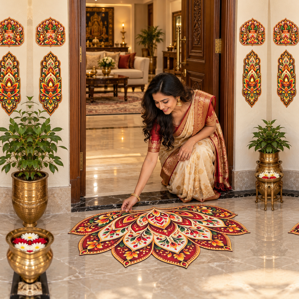 Avioni Home Aangan Royale Collection | Premium Royal Petal Floral Floor Mat with 4 Matching Kalash & Floral Peel & Stick Décor Stickers | High Wear Resistance & Silicone Anti-Slip Backing