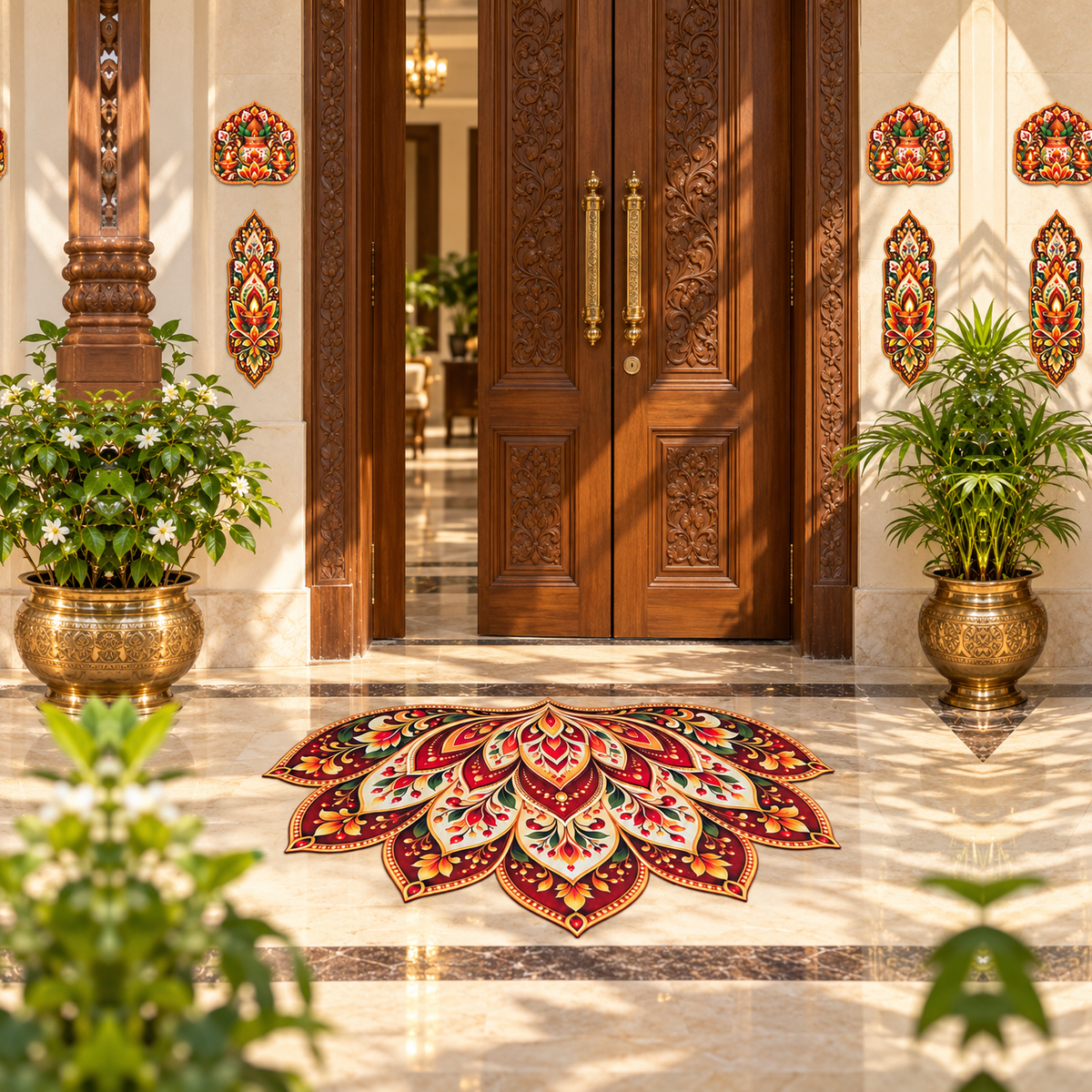 Avioni Home Aangan Royale Collection | Premium Royal Petal Floral Floor Mat with 4 Matching Kalash & Floral Peel & Stick Décor Stickers | High Wear Resistance & Silicone Anti-Slip Backing