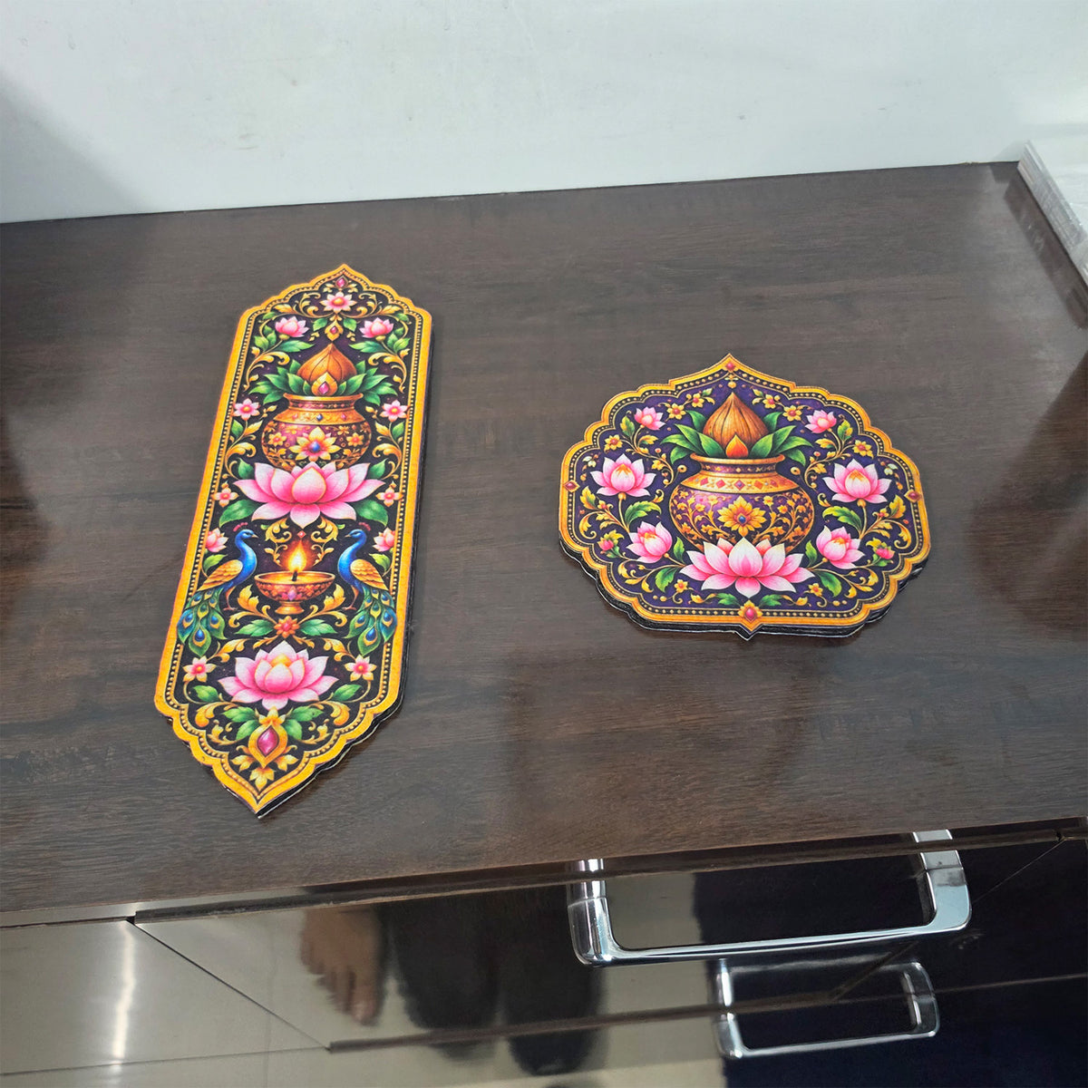 Avioni Home Aangan Royale Collection | Premium Royal Floral Heritage Floor Mat with 4 Matching Kalash & Lotus Peel & Stick Décor Stickers | High Wear Resistance & Silicone Anti-Slip Backing