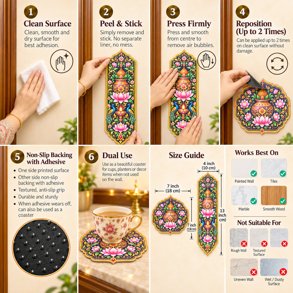 Avioni Home Aangan Royale Collection | Premium Royal Floral Heritage Floor Mat with 4 Matching Kalash & Lotus Peel & Stick Décor Stickers | High Wear Resistance & Silicone Anti-Slip Backing