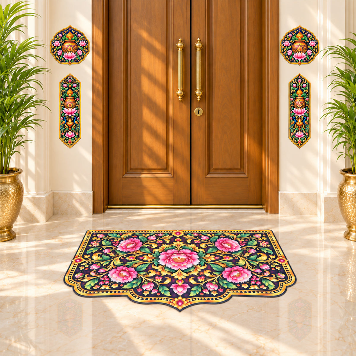 Avioni Home Aangan Royale Collection | Premium Royal Floral Heritage Floor Mat with 4 Matching Kalash & Lotus Peel & Stick Décor Stickers | High Wear Resistance & Silicone Anti-Slip Backing