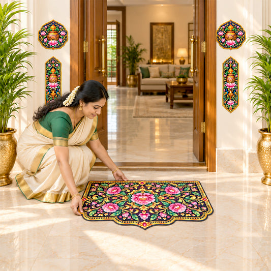 Avioni Home Aangan Royale Collection | Premium Royal Floral Heritage Floor Mat with 4 Matching Kalash & Lotus Peel & Stick Décor Stickers | High Wear Resistance & Silicone Anti-Slip Backing