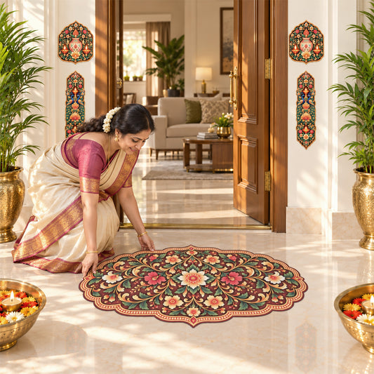 Avioni Home Aangan Royale Collection | Premium Royal Burgundy Floral Medallion Floor Mat with 4 Matching Kalash & Diya Peel & Stick Décor Stickers | High Wear Resistance & Silicone Anti-Slip Backing