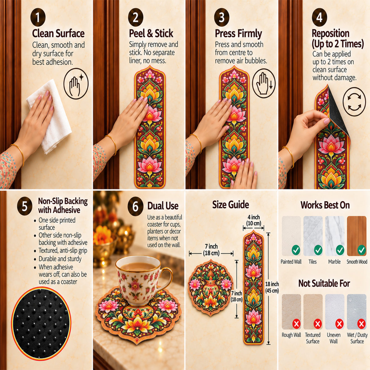 Avioni Home Aangan Royale Collection | Premium Royal Lotus Mandala Floor Mat with 4 Matching Kalash & Floral Peel & Stick Décor Stickers | High Wear Resistance & Silicone Anti-Slip Backing
