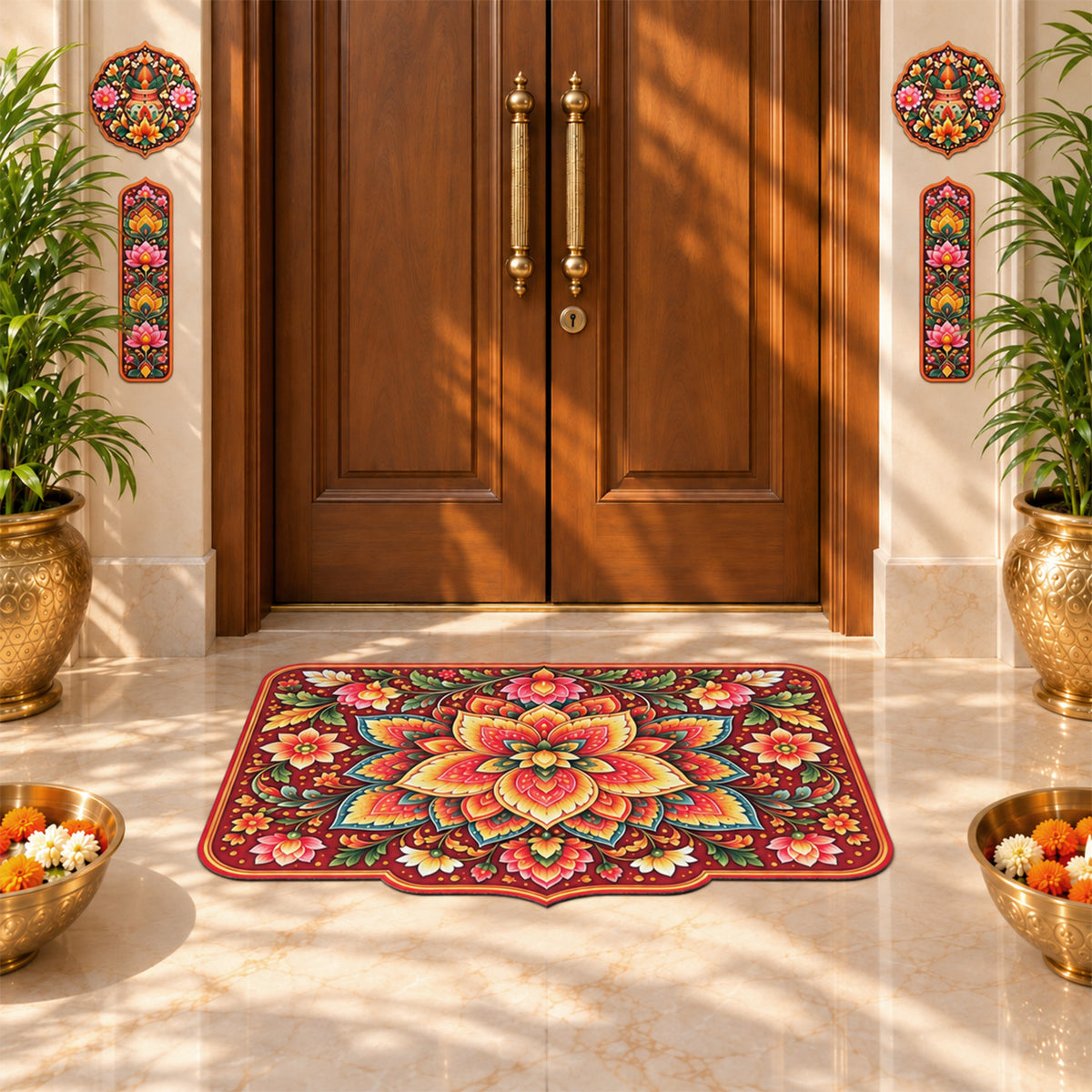 Avioni Home Aangan Royale Collection | Premium Royal Lotus Mandala Floor Mat with 4 Matching Kalash & Floral Peel & Stick Décor Stickers | High Wear Resistance & Silicone Anti-Slip Backing