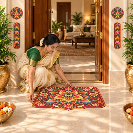 Avioni Home Aangan Royale Collection | Premium Royal Lotus Mandala Floor Mat with 4 Matching Kalash & Floral Peel & Stick Décor Stickers | High Wear Resistance & Silicone Anti-Slip Backing