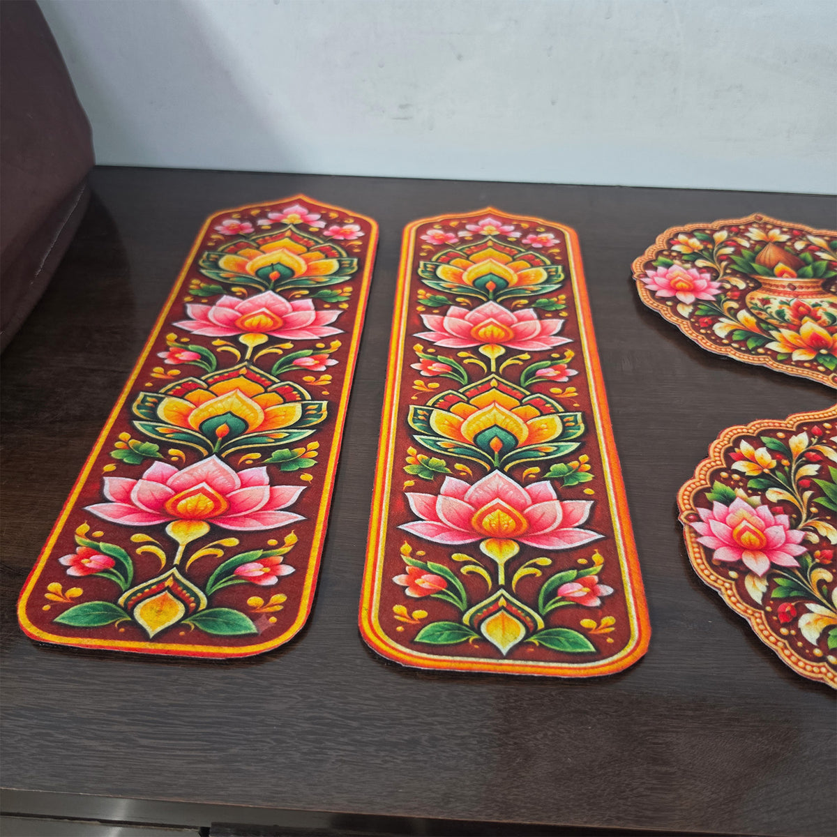Avioni Home Aangan Royale Collection | Premium Royal Lotus Mandala Floor Mat with 4 Matching Kalash & Floral Peel & Stick Décor Stickers | High Wear Resistance & Silicone Anti-Slip Backing