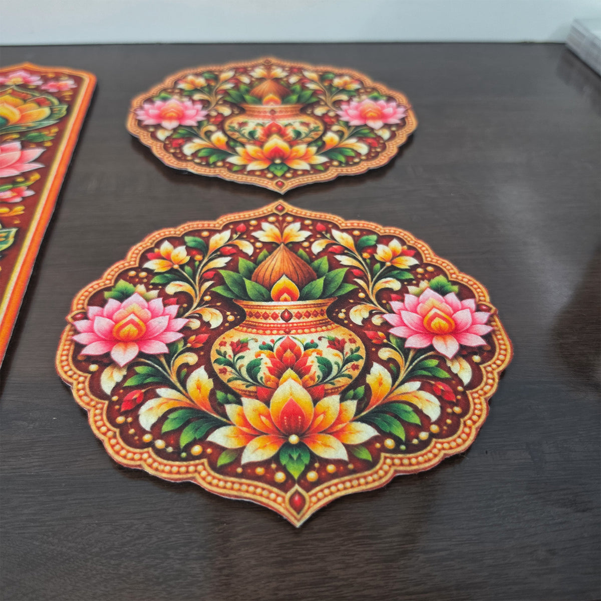 Avioni Home Aangan Royale Collection | Premium Royal Lotus Mandala Floor Mat with 4 Matching Kalash & Floral Peel & Stick Décor Stickers | High Wear Resistance & Silicone Anti-Slip Backing