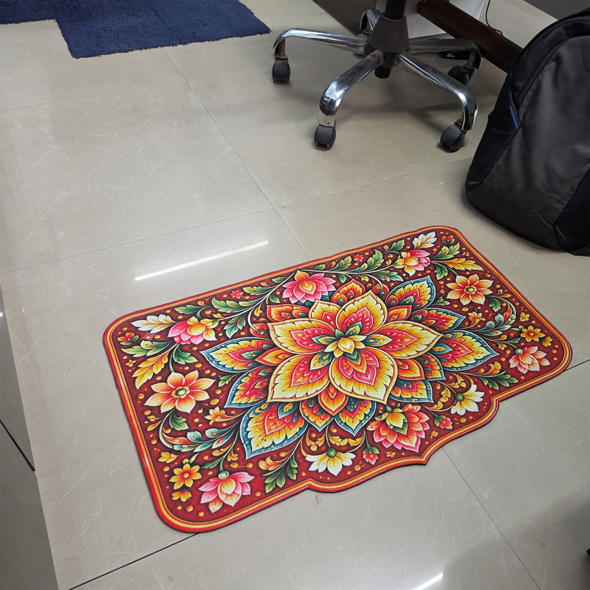Avioni Home Aangan Royale Collection | Premium Royal Lotus Mandala Floor Mat with 4 Matching Kalash & Floral Peel & Stick Décor Stickers | High Wear Resistance & Silicone Anti-Slip Backing