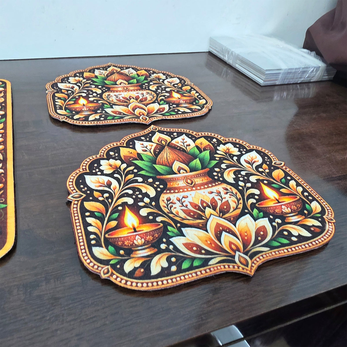 Avioni Home Aangan Royale Collection | Premium Ornamental Floral Floor Mat with 4 Matching Kalash & Floral Peel & Stick Décor Stickers | High Wear Resistance & Silicone Anti-Slip Backing
