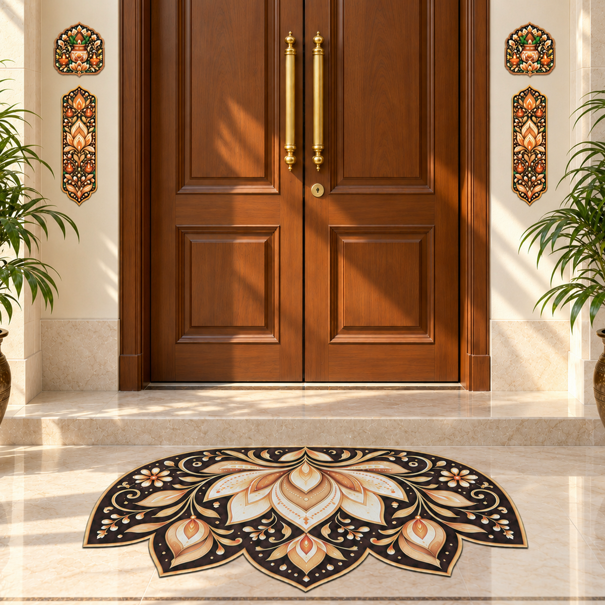 Avioni Home Aangan Royale Collection | Premium Ornamental Floral Floor Mat with 4 Matching Kalash & Floral Peel & Stick Décor Stickers | High Wear Resistance & Silicone Anti-Slip Backing