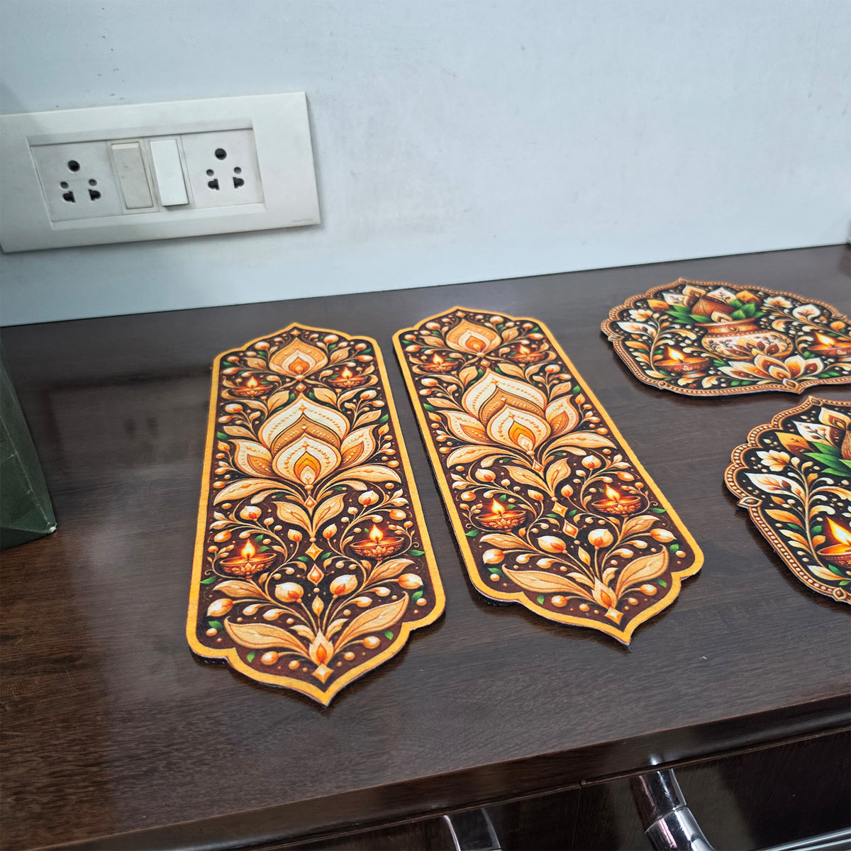 Avioni Home Aangan Royale Collection | Premium Ornamental Floral Floor Mat with 4 Matching Kalash & Floral Peel & Stick Décor Stickers | High Wear Resistance & Silicone Anti-Slip Backing