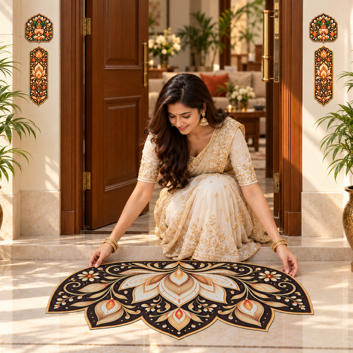Avioni Home Aangan Royale Collection | Premium Ornamental Floral Floor Mat with 4 Matching Kalash & Floral Peel & Stick Décor Stickers | High Wear Resistance & Silicone Anti-Slip Backing