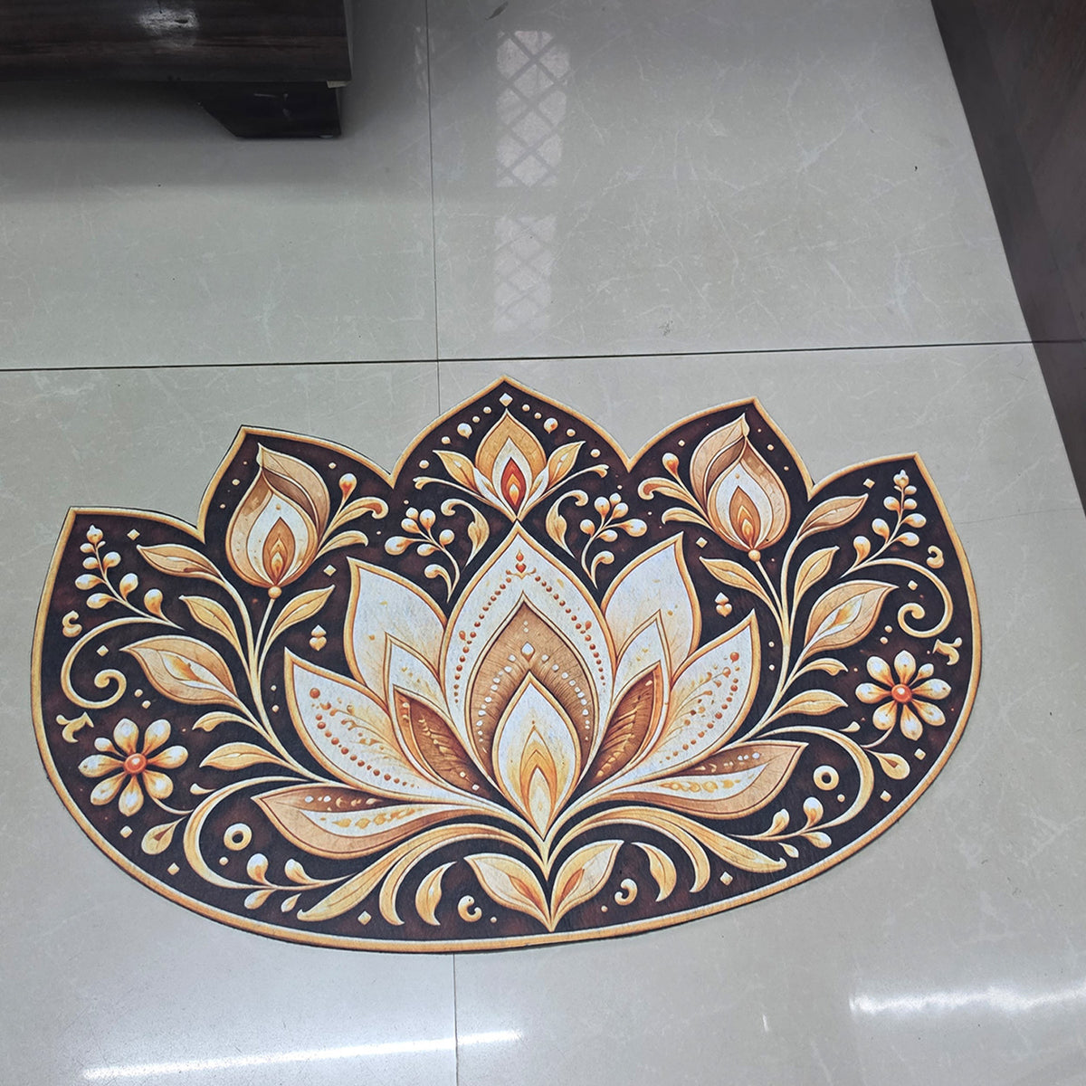 Avioni Home Aangan Royale Collection | Premium Ornamental Floral Floor Mat with 4 Matching Kalash & Floral Peel & Stick Décor Stickers | High Wear Resistance & Silicone Anti-Slip Backing