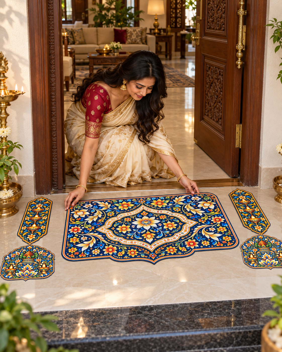 Avioni Home Aangan Royale Collection | Premium Indian Traditional Floor Mat with 4 Matching Peel & Stick Décor Stickers | High Wear Resistance & Silicone Anti-Slip Backing