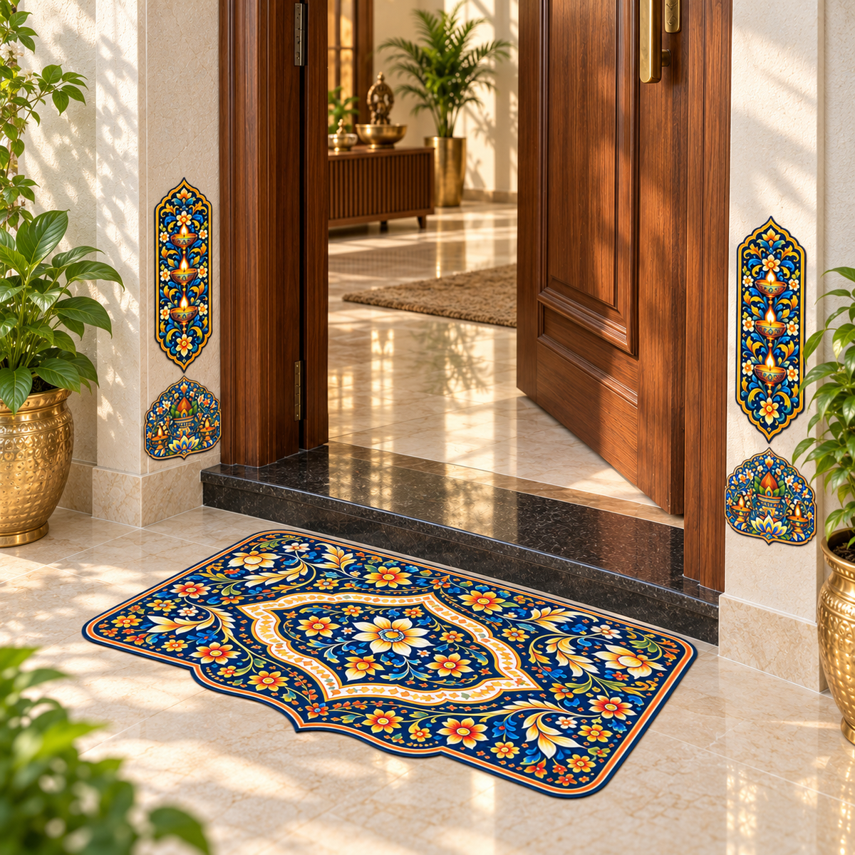 Avioni Home Aangan Royale Collection | Premium Indian Traditional Floor Mat with 4 Matching Peel & Stick Décor Stickers | High Wear Resistance & Silicone Anti-Slip Backing