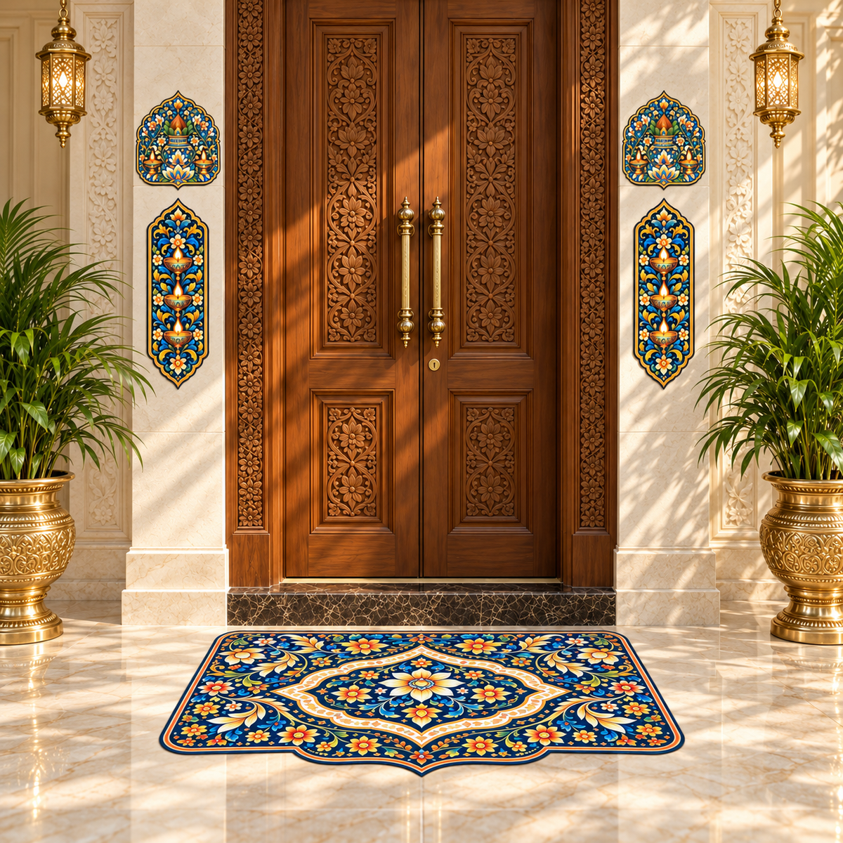 Avioni Home Aangan Royale Collection | Premium Indian Traditional Floor Mat with 4 Matching Peel & Stick Décor Stickers | High Wear Resistance & Silicone Anti-Slip Backing