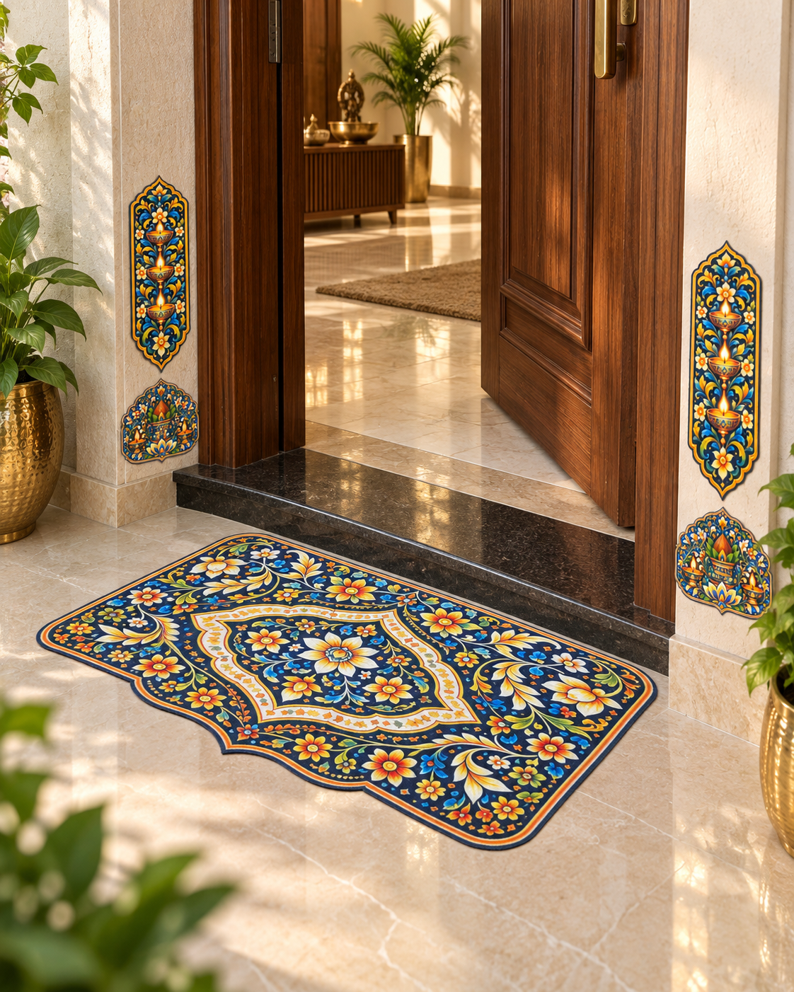 Avioni Home Aangan Royale Collection | Premium Indian Traditional Floor Mat with 4 Matching Peel & Stick Décor Stickers | High Wear Resistance & Silicone Anti-Slip Backing