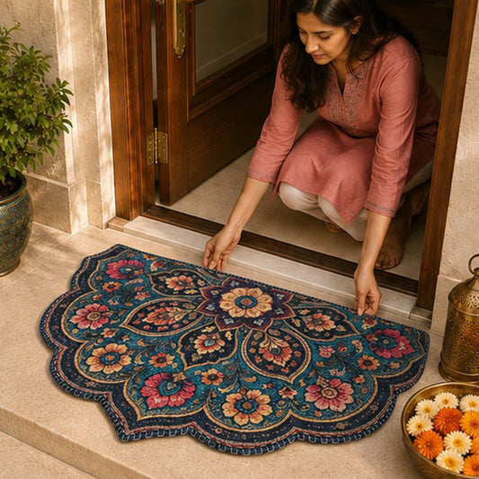 Avioni Home Semi Round Floral Mandala Floor Mat | Vintage Persian Bohemian Design | Anti-Slip, Washable & Durable | Indoor & Outdoor Entrance Door Mat