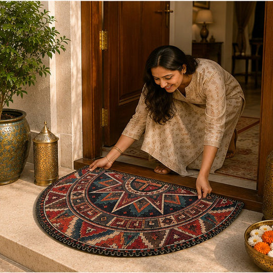 Avioni Home Semi Round Tribal Aztec Floor Mat | Vintage Southwestern Bohemian Geometric Design | Anti-Slip, Washable & Durable | Indoor & Outdoor Entrance Door Mat