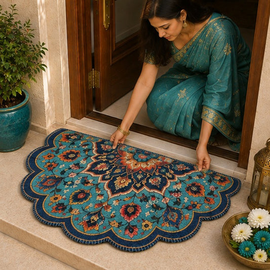 Avioni Home Scalloped Floral Mandala Floor Mat | Vintage Persian Bohemian Design | Anti-Slip, Washable & Durable | Indoor & Outdoor Entrance Door Mat